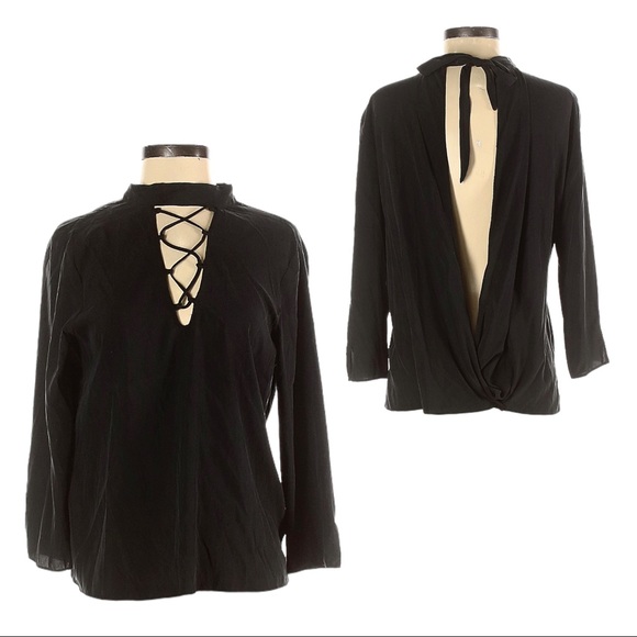 Zara Collection Black V-Neck Choker Lace Up Drape Open Back Blouse Size S - Picture 2 of 9